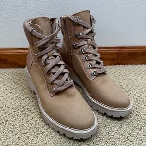 Dolce Vita Hammi Chunky Heel Platform Military Booties Cafe Multi Canvas Tan 7.5